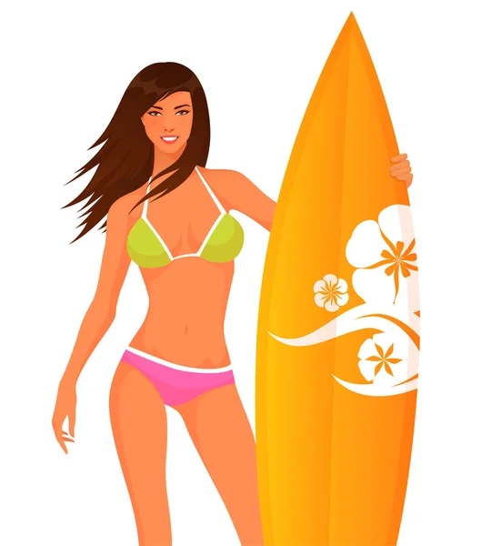 Illustrazione di una bella ragazza surfista sorridente — Vettoriale Stock