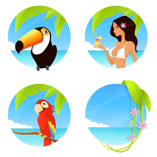 Set of colorful tropical summer illustrations with seaside background in circle shape — Stock Vector
