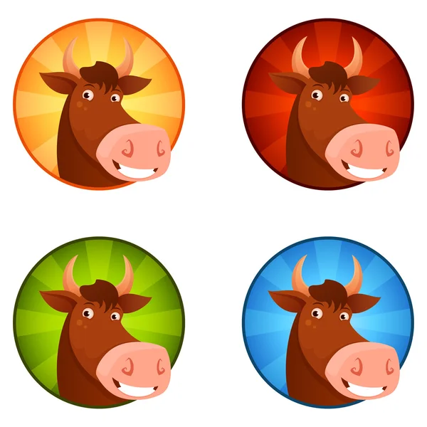 Set of funny cartoon illustrations of a cow or bull with circle background — Stok Vektör
