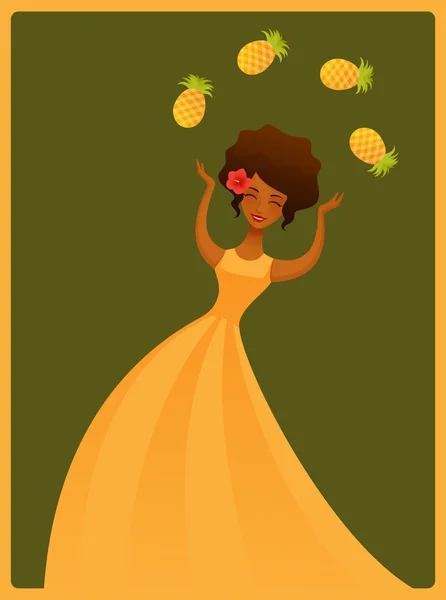 Cute illustration of a beautiful exotic girl in yellow summer dress juggling with pineapples — Stock Vector