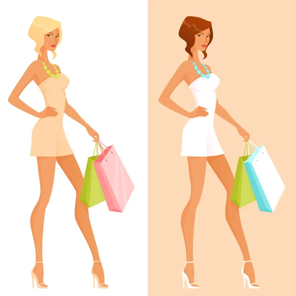 Beautiful cartoon girl in summer dress, shopping — Stock Vector