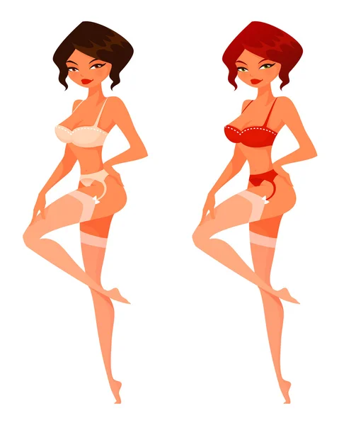 Süß und sexy Cartoon Mädchen in weißen oder roten heißen Unterwäsche — Stockvektor
