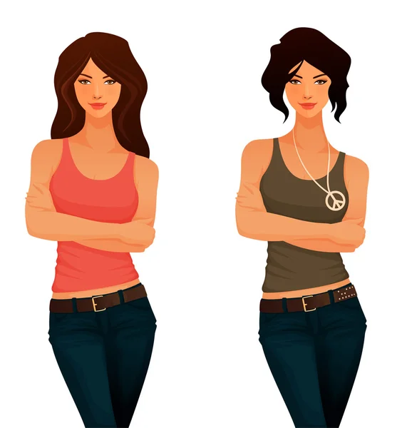 Beautiful young girls in casual clothes - tank top and jeans — Stock Vector