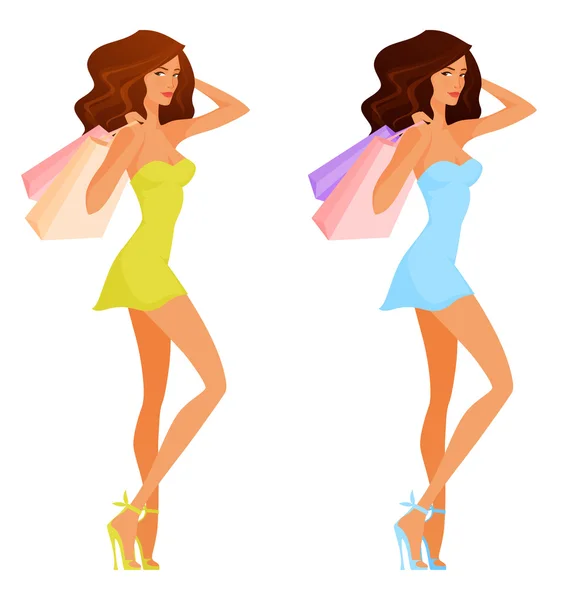 Vackert tecknad flicka i sommar klänning, shopping — Stock vektor