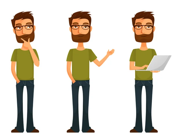 Cute cartoon karakter - jonge man met baard en bril, in verschillende poses — Stockvector