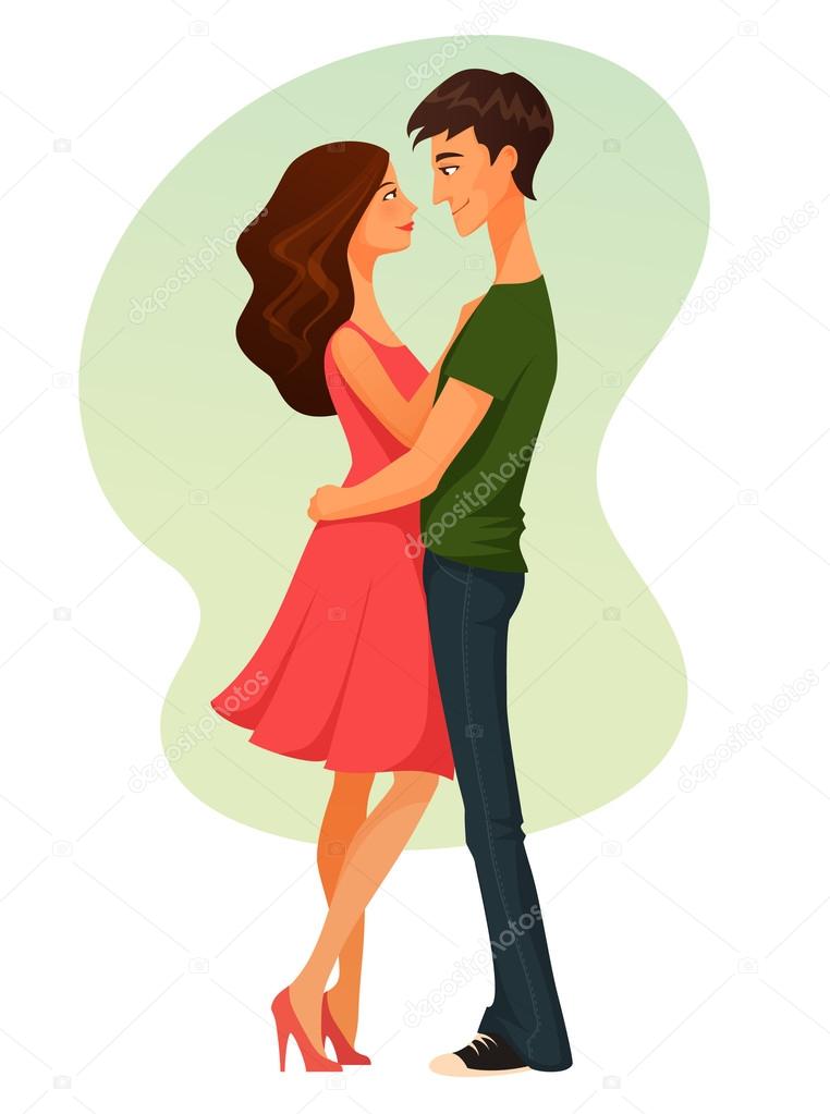 Cute cartoon illustration of young woman and man in love, hugging