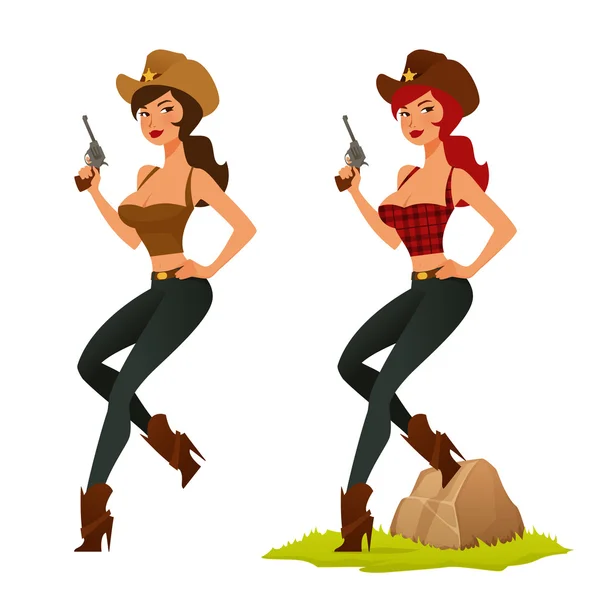 Cute cartoon illustration - beautiful cowgirl in jeans and cowboy hat — Stock Vector