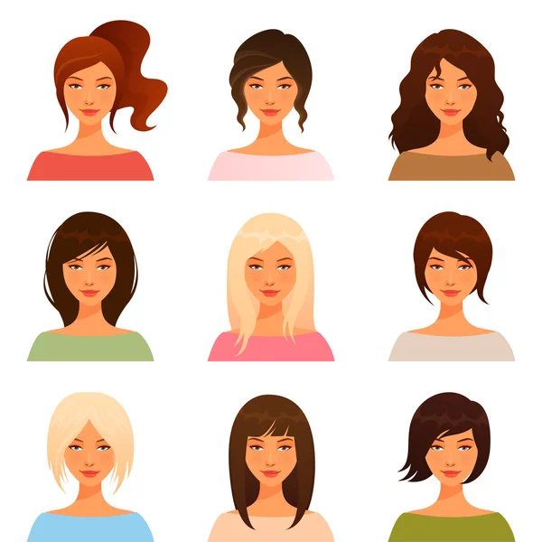 Illustrations mignonnes de belles jeunes filles avec divers coiffure — Image vectorielle