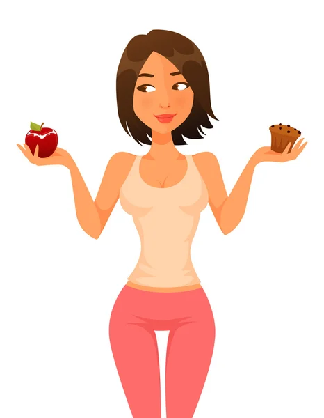 Cute cartoon girl deciding between an apple and chocolate muffin — Stock Vector