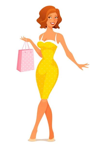 Cute illustration of a young woman in retro dress, shopping — Stock Vector