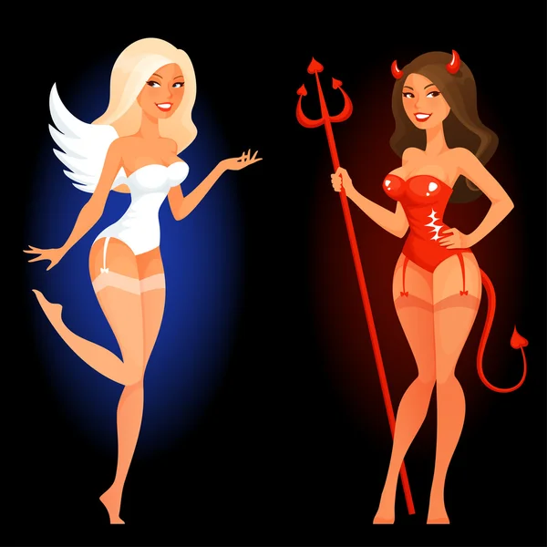 穿着天使或魔鬼装束的女孩性感的卡通针 — 图库矢量图片