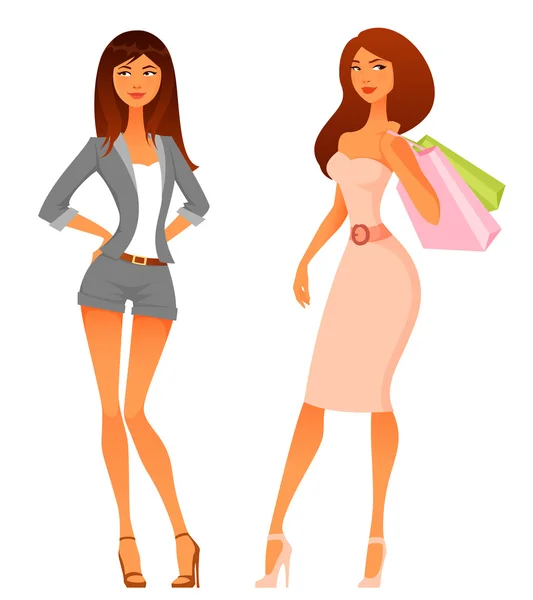 Hermosas mujeres jóvenes en traje de moda elegante — Vector de stock