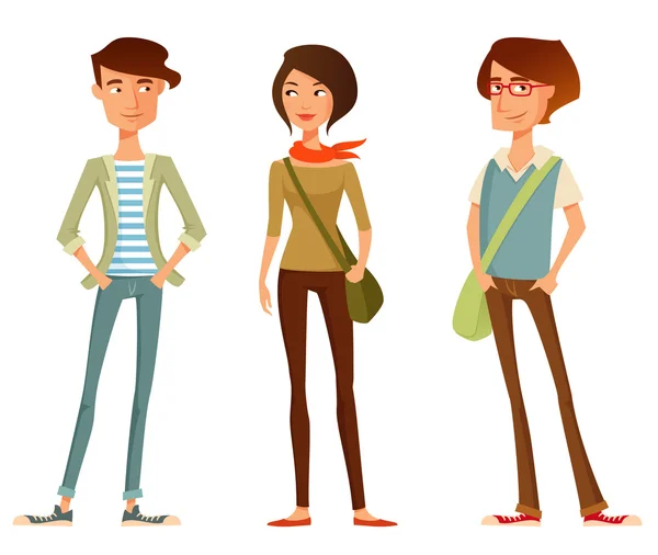 Cute cartoon illustration of young people in stylish hipster clothes - Stok Vektor