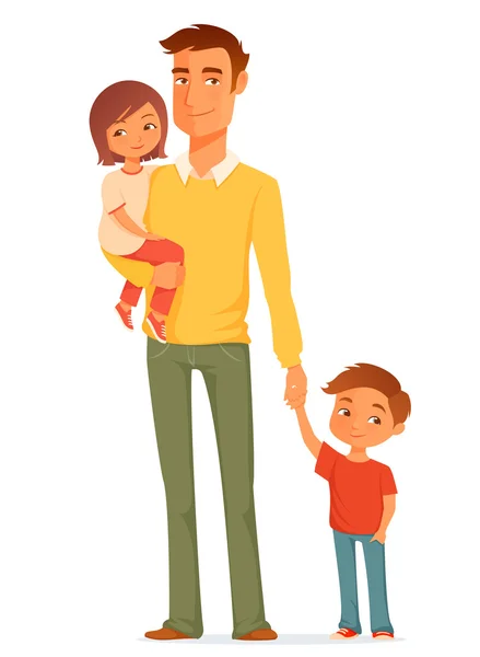 Cartoon illustration of a single young father with his cute children — vektorikuva