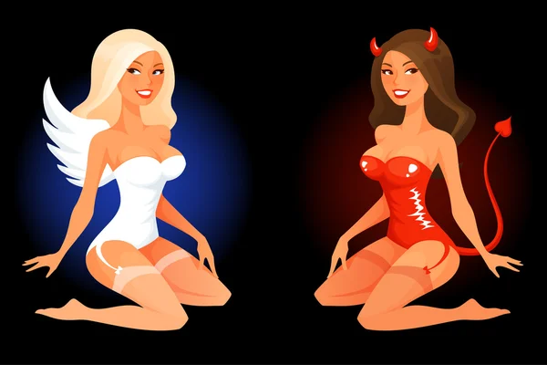 Sexy cartoon pinup meisje in engel of duivel kostuum — Stockvector