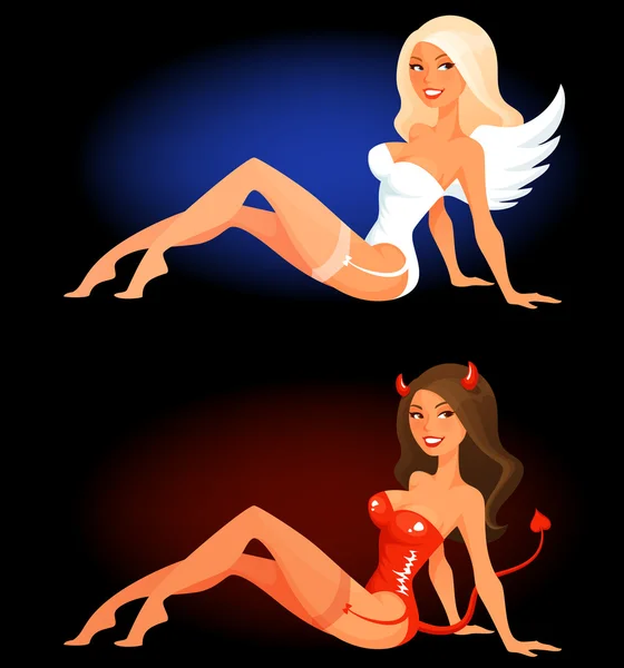 天使や悪魔の衣装のセクシーな漫画女性 — ストックベクタ