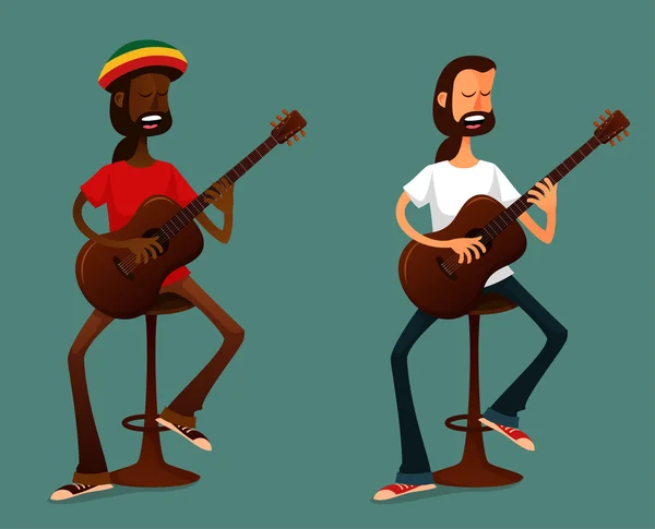 Karikatür çizimi bir bar oturup gitar çalmak çok güzel iki adam tabure — Stok Vektör