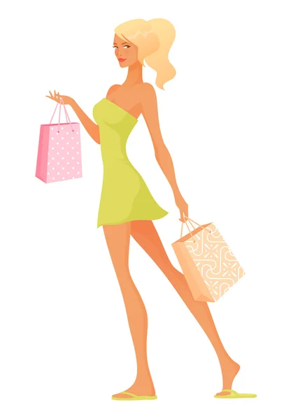 Beautiful cartoon girl in summer mini dress and sandals, shopping — Stock Vector