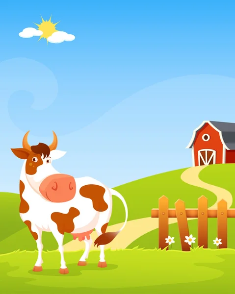 Illustrazione di cartone animato carino di una mucca felice in una fattoria, con recinzione in legno e fienile — Vettoriale Stock