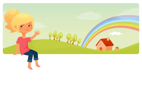 Bannière mignon avec des paysages verdoyants et la petite fille blonde, agitant la main — Image vectorielle