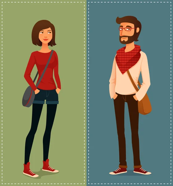 Cartoon illustratie van jonge mensen in hipster mode kleding — Stockvector