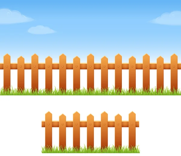 Simple horizontal banner with bright sky, wooden fence and grass — Stock Vector