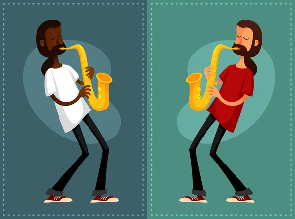 Funny cartoon guys playing saxophone — Stock Vector