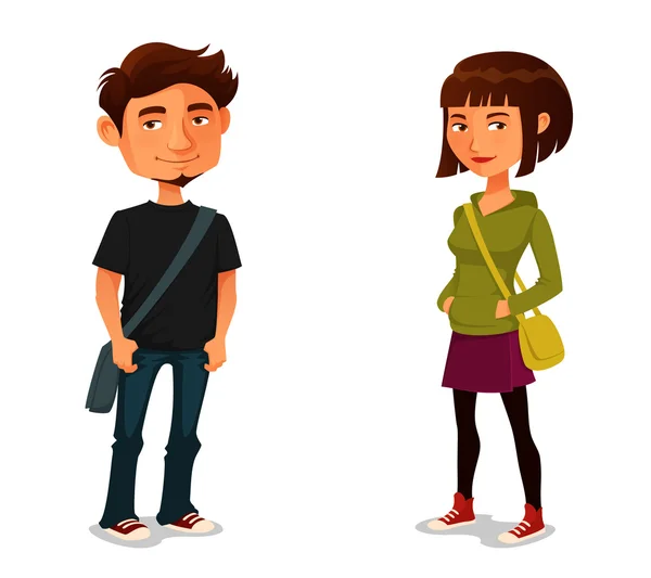 Personajes de dibujos animados lindo - joven chico y chica en trajes casuales frescos — Vector de stock