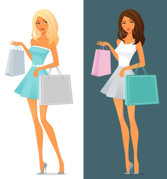 Linda chica de dibujos animados en vestido de verano, compras — Vector de stock