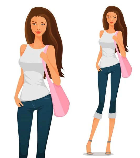 Beautiful young girl in casual summer outfit — Stock Vector