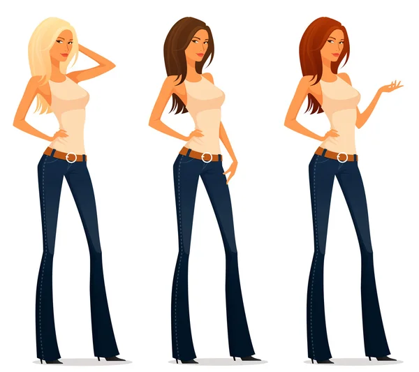 Ilustración de una chica hermosa en jeans llamarada, con varios colores de pelo — Vector de stock