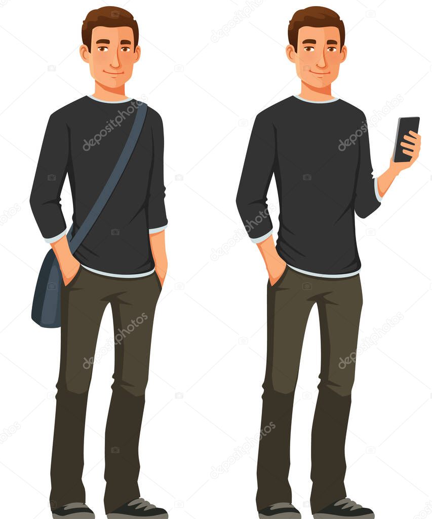 cartoon illustration of a friendly young man or student in casual outfit, holding a cell phone