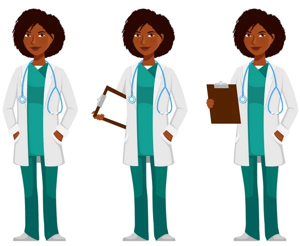 Ilustración Dibujos Animados Joven Médico Afroamericano Amistosa Mujer Negra Trabajadora — Vector de stock