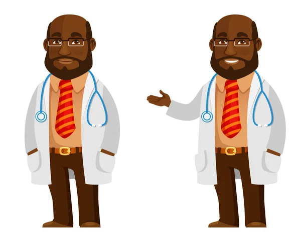 Divertida Ilustración Dibujos Animados Amable Sonriente Médico Afroamericano — Vector de stock
