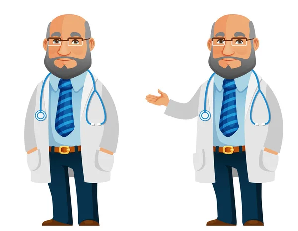 Zabawna Ilustracja Kreskówki Przyjaznego Lekarza Starszy Lekarz Pracujący Służbie Zdrowia — Wektor stockowy