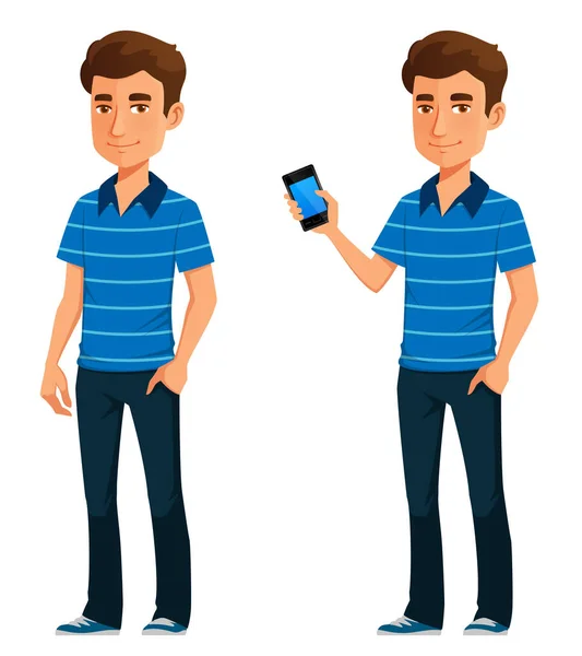 Sympathique Jeune Homme Tenant Téléphone Portable — Image vectorielle