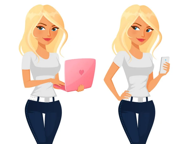 Bonito Loira Cartoon Menina Com Laptop Telefone Móvel Mulher Bonita — Vetor de Stock