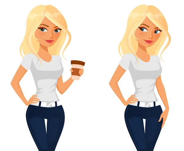 Kreslené Ilustrace Roztomilé Blondýny Dívka Drží Šálek Kávy — Stockový vektor