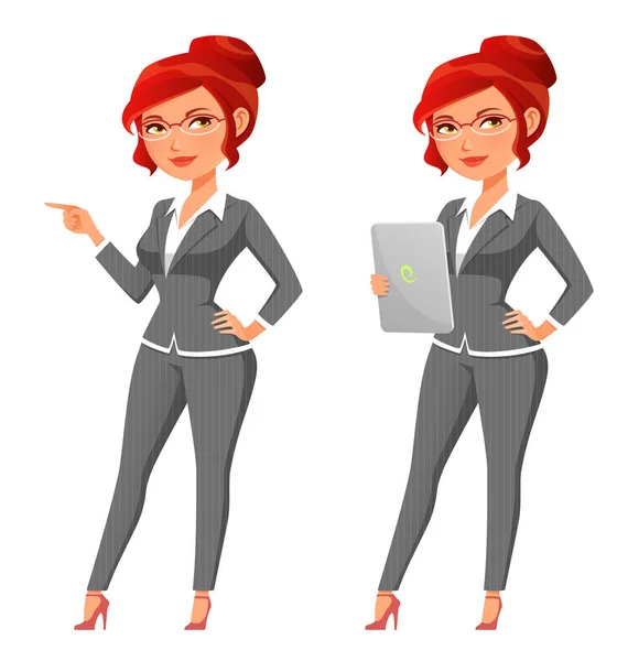 Funny Cartoon Businesswoman Elegant Grey Business Suit — Stock Vector