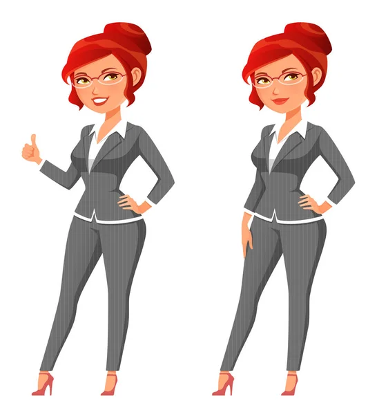 Divertida Mujer Negocios Dibujos Animados Traje Negocios Gris Elegante — Vector de stock