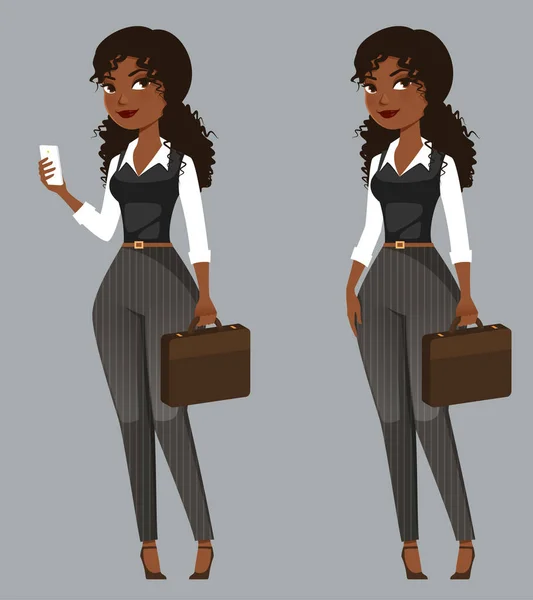 Cartoon Illustration African American Businesswoman Beautiful Black Girl Smart Casual — Stock Vector