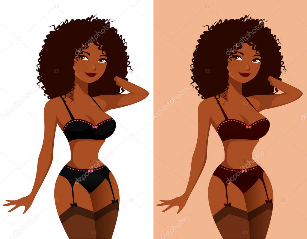 sexy African American girl in lingerie. Beautiful black woman in underwear, fashion model.