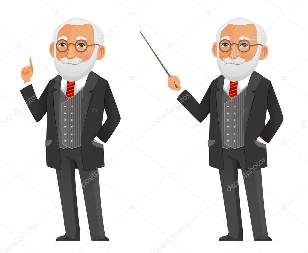 funny cartoon professor or scientist in a elegant black suit, holding a pointer. Serious old man, presenting or teaching.