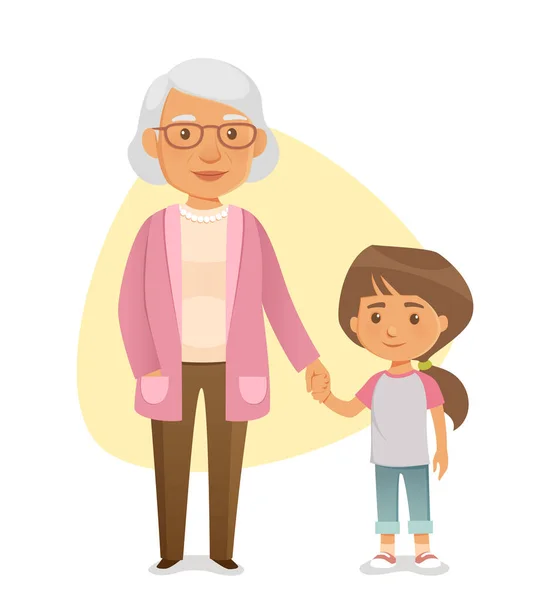 一位祖母与孙女牵着手的卡通画 可爱的老妇人和小女孩 家庭和联系概念 — 图库矢量图片