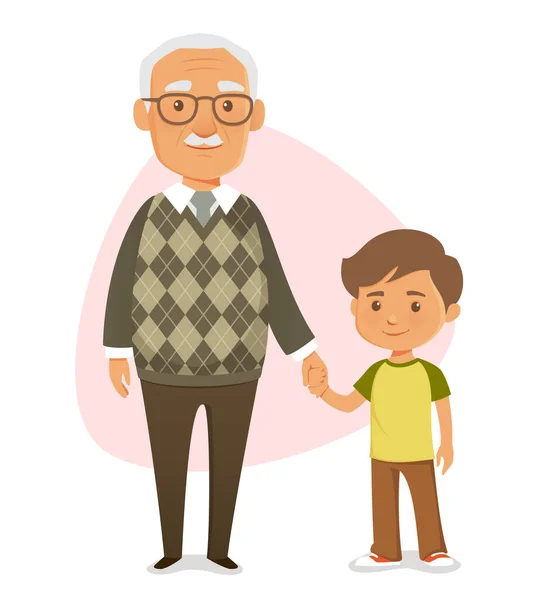 孫と手をつないでる可愛い漫画おじいちゃん かわいい老人と男の子 家族と絆の概念 ストックベクター