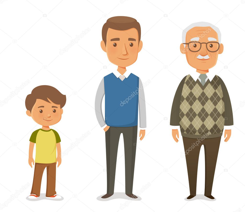 cute cartoon illustration of family members - son, father and grandfather. Young man, senior man and small boy. 