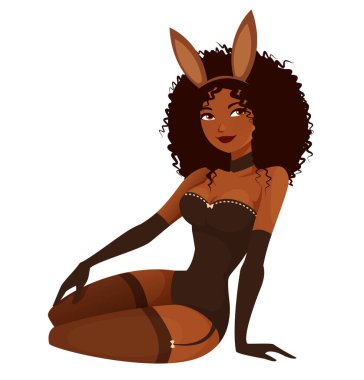 beautiful young woman in sexy bunny costume. Attractive black girl in seductive lingerie - corset and stockings. Pinup girl or burlesque. clipart