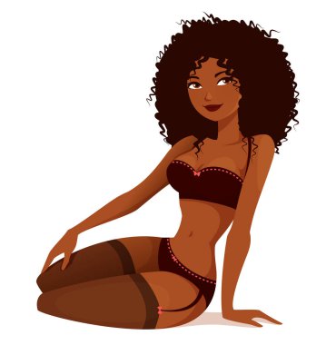 young African American woman in lingerie, cute cartoon pinup girl. Sexy black girl in underwear. clipart
