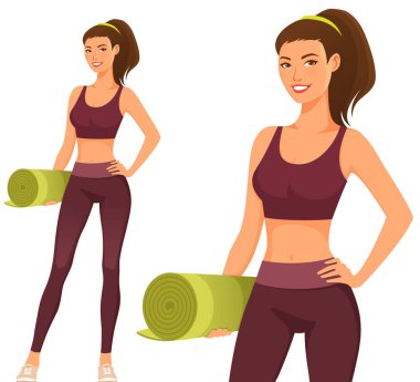 happy young girl in gym outfit, holding a yoga mat. Beautiful smiling woman in sport fashion. Healthy lifestyle and fitness concept. clipart