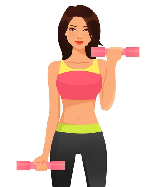 Young Girl Sport Outfit Lifting Dumbbells Cute Young Woman Gym — Stock Vector